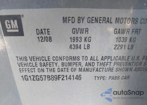 2009 Chevrolet Malibu Ls из США, поврежденный, VIN 1G1ZG57B89F214146